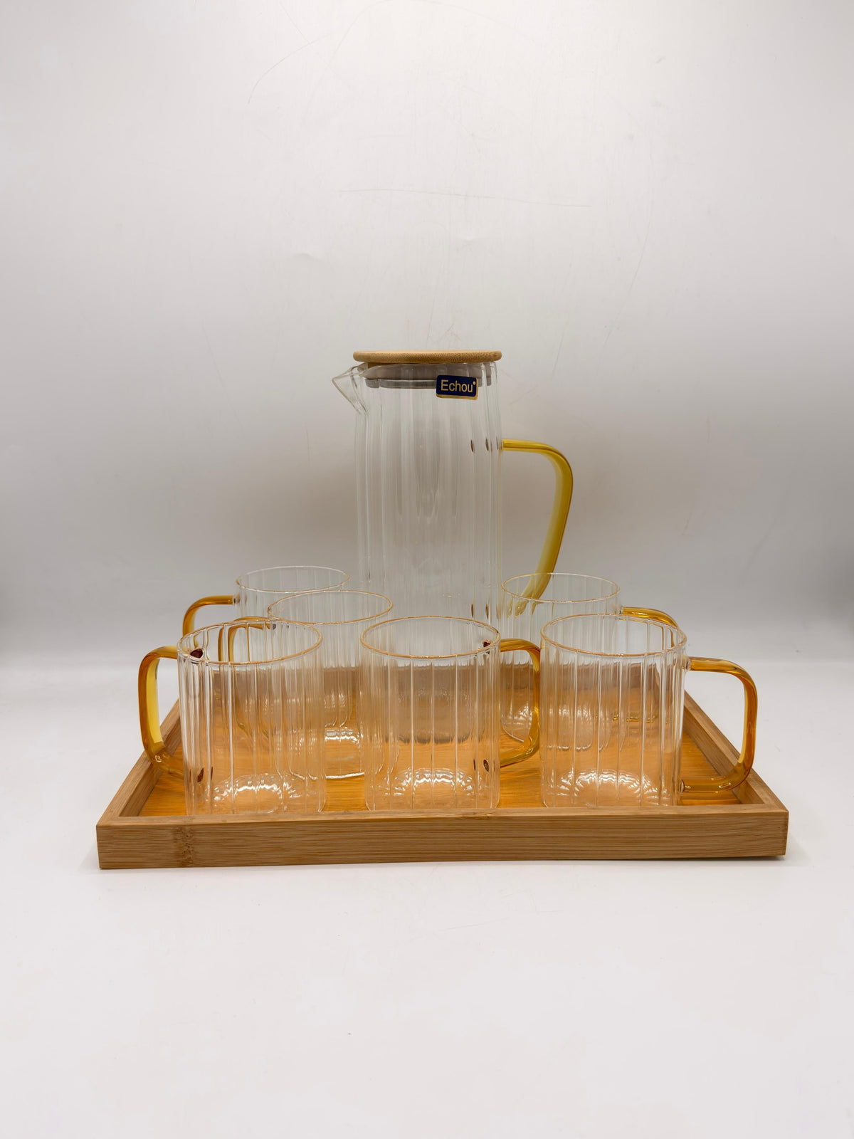 Ribbed Glass Pitcher Set - 6 Glasses with Bamboo Lid & Tray