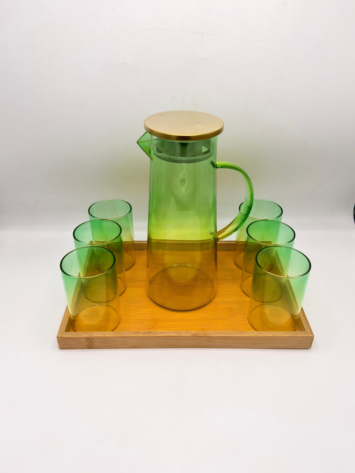 Gradient Glass Pitcher Set - 6 Glasses with Brass Lid & Bamboo Tray