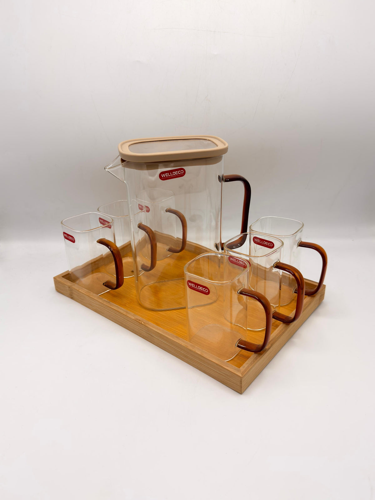 Welldeco Pitcher Set - 6 Square Glasses with Bamboo Lid & Wooden Tray