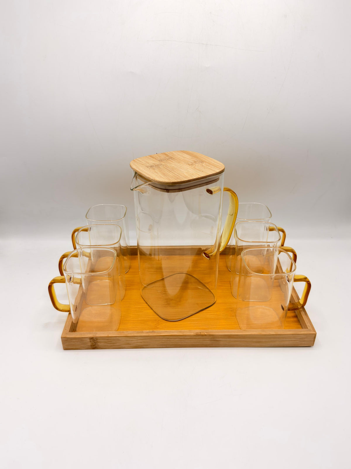 Clear Glass Pitcher Set - 6 Square Glasses with Bamboo Lid & Wooden Tray