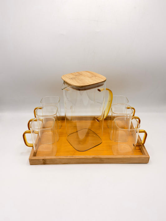 Clear Glass Pitcher Set - 6 Square Glasses with Bamboo Lid & Wooden Tray