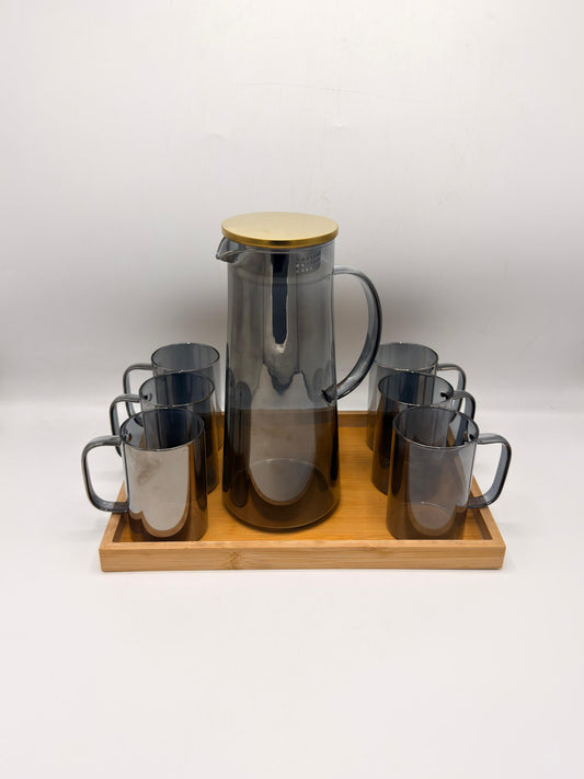 Smoky Grey Glass Pitcher Set - 6 Glasses with Brass Lid & Bamboo Tray