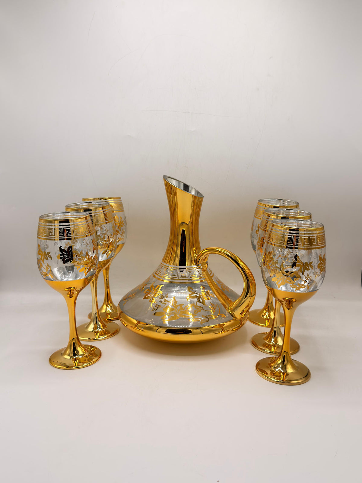 Royal Gold Decanter Set - 6 Wine Goblets with Greek Key & Floral Design