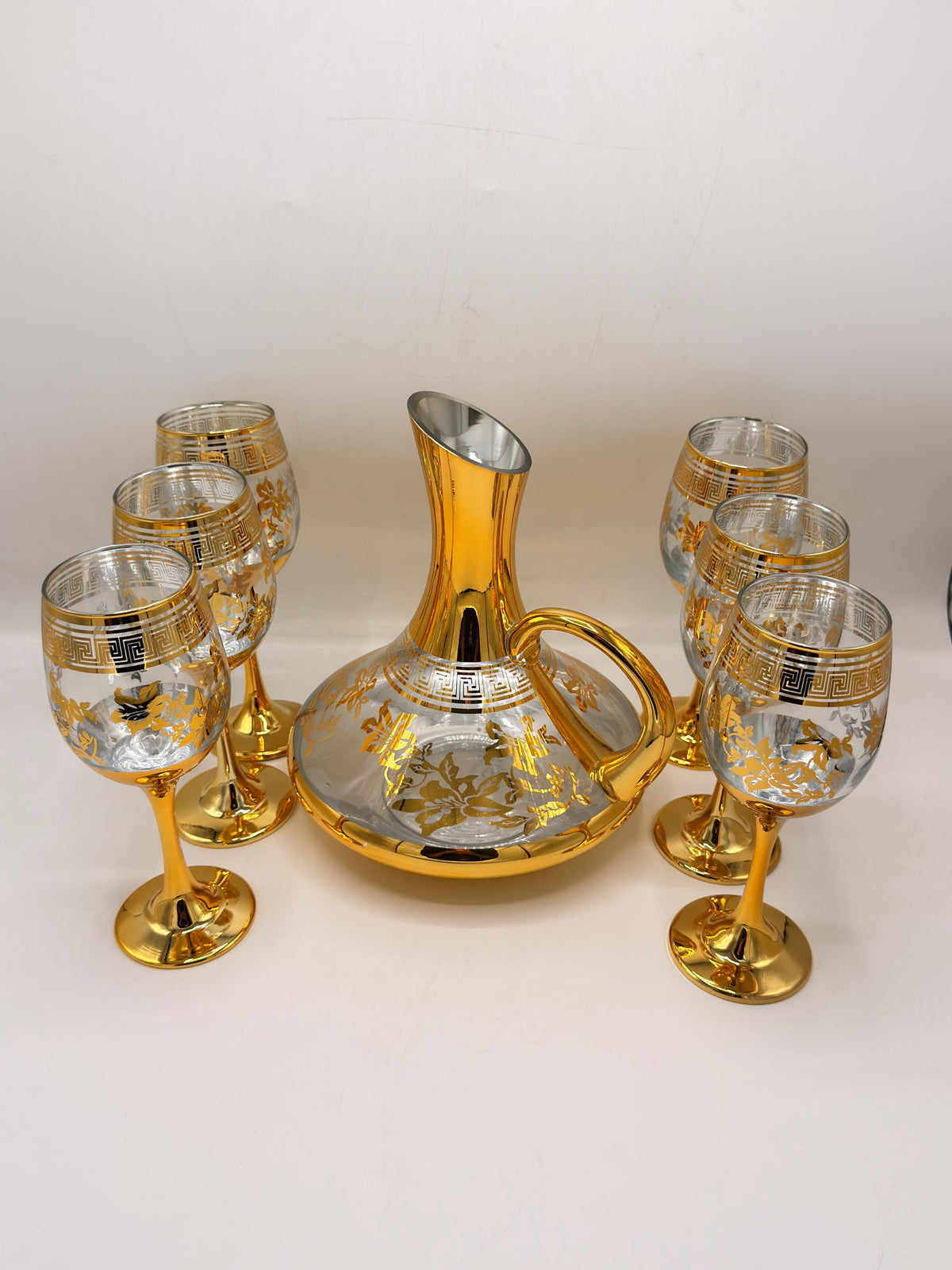 Royal Gold Decanter Set - 6 Wine Goblets with Greek Key & Floral Design