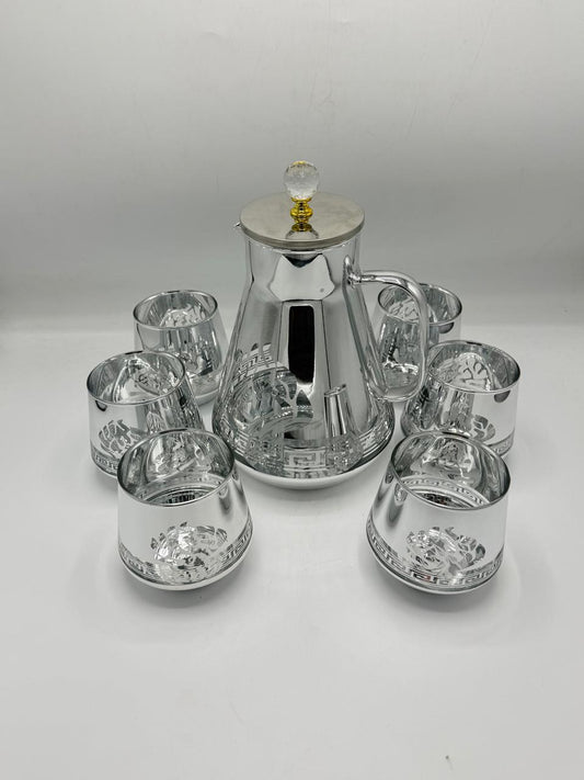 Mirror Silver Decanter Set - 6 Glasses with Greek Key Design & Crystal Knob Lid