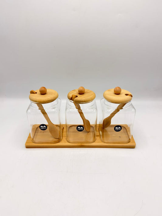 Bamboo Condiment Jar Set with Spoons – 3 Piece Glass Storage Set