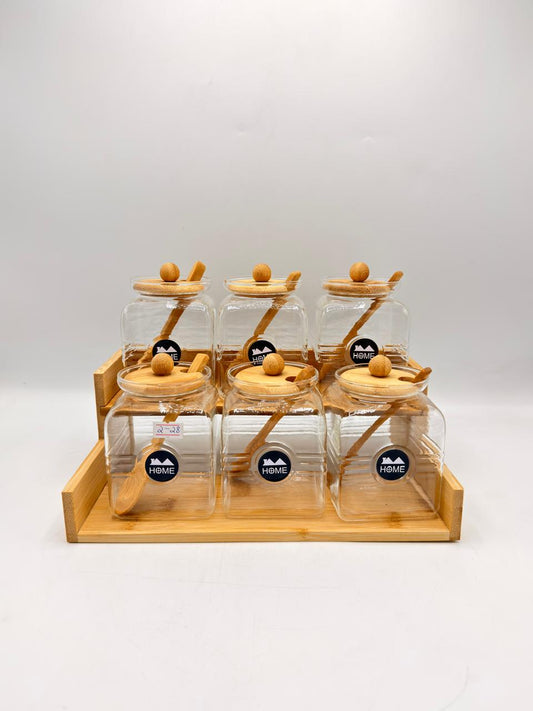 HOME Bamboo Staircase Jar Rack with Spoons – 6 Piece Glass Storage Set