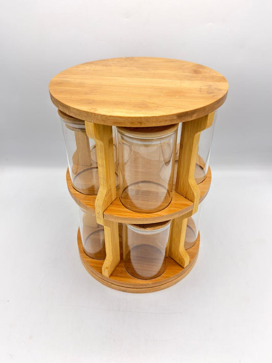 Rotating Bamboo Spice Tower – 6 Jar Round Glass Carousel Rack