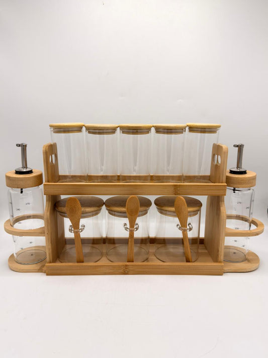 Bamboo Kitchen Organizer Tray – Spice Jars, Condiment Jars & Oil Dispensers
