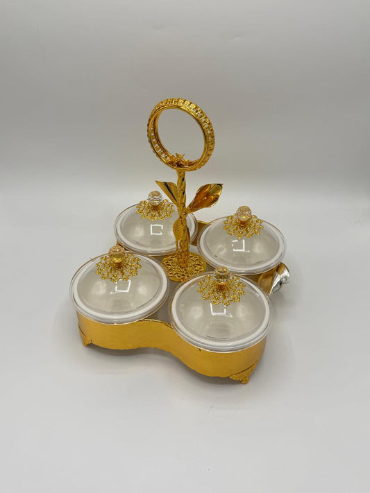 Royal Gold 4-Piece Dry Fruit Serving Set with Porcelain Bowls
