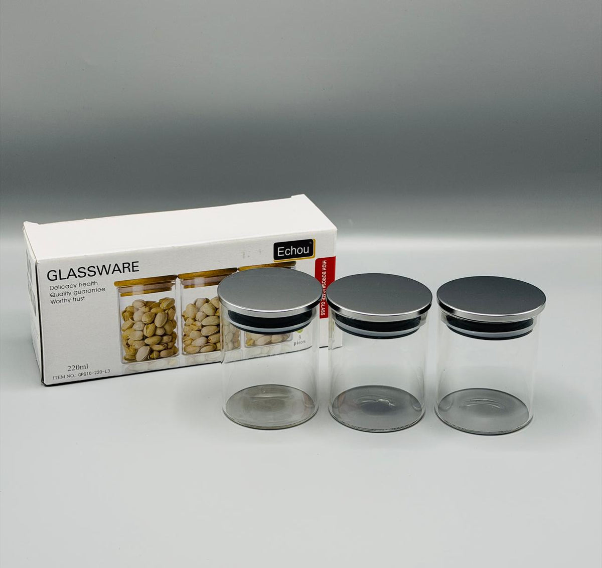 Mini Glass Jar Set with Steel Lid – 3 Pcs (220ml)
