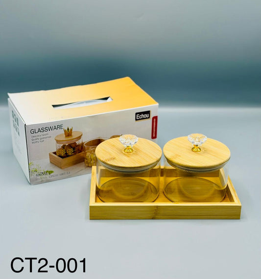 Wooden Tray Glass Jar Set – 3 Pcs (500ml)