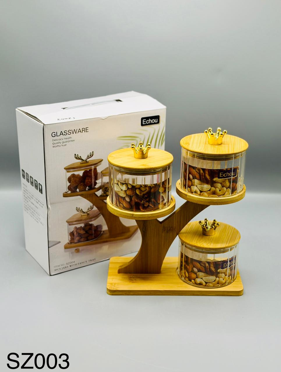 Fancy Tray Glass Jar Set – 3 Pcs
