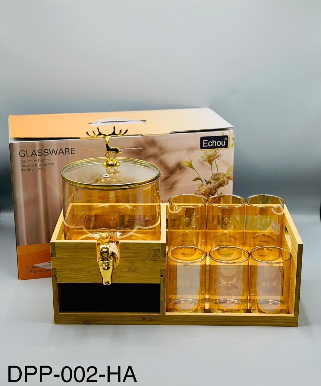 Round Glass Dispenser Set with Wooden Stand – 8 Pcs