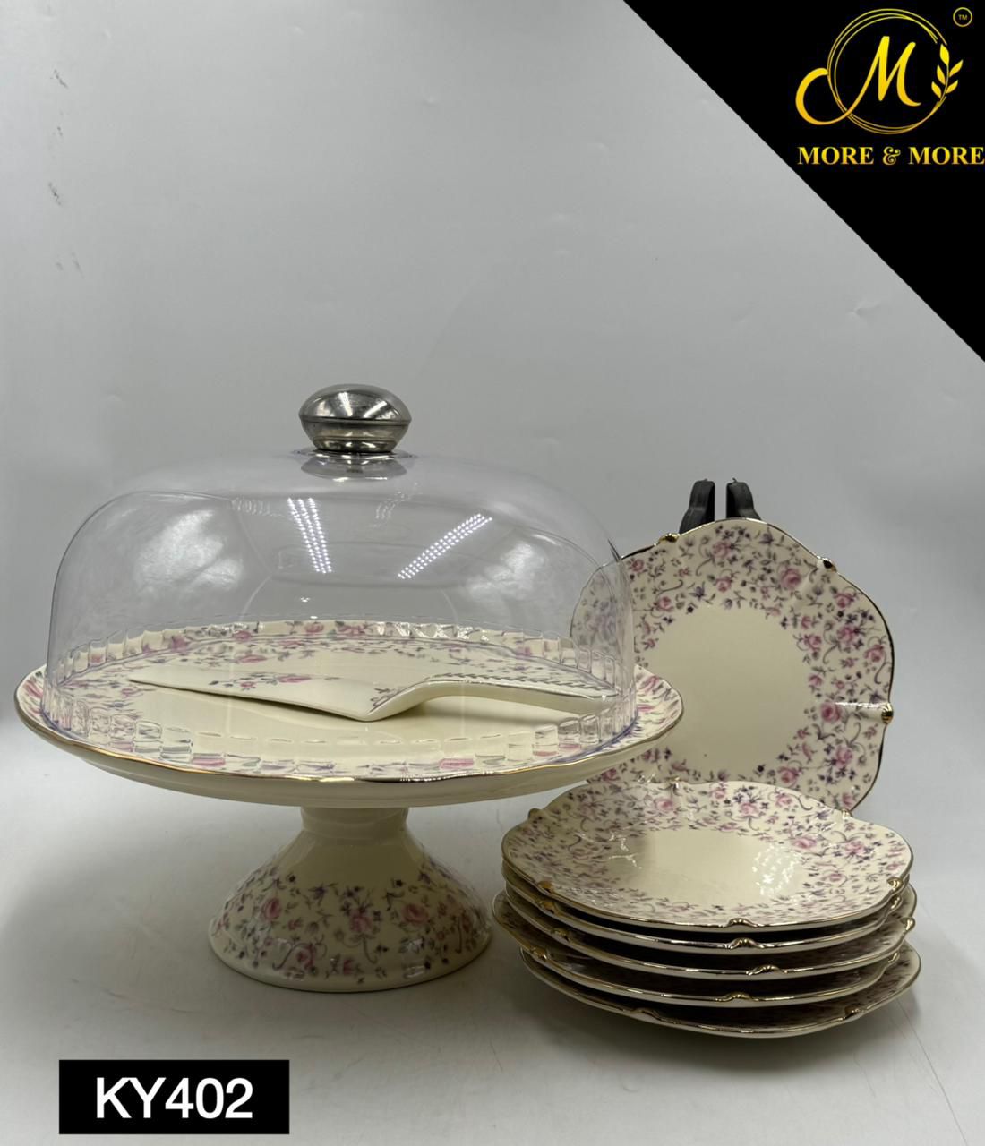 Royal Albert–Inspired 9-Pcs Bone China Cake Set | Floral Elegance with Dome