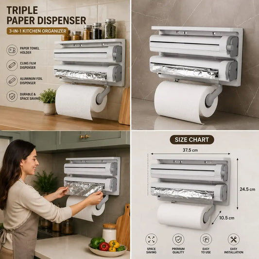 3-in-1 Kitchen Roll Dispenser – Tissue, Foil & Plastic Wrap Holder (Wall Mountable)