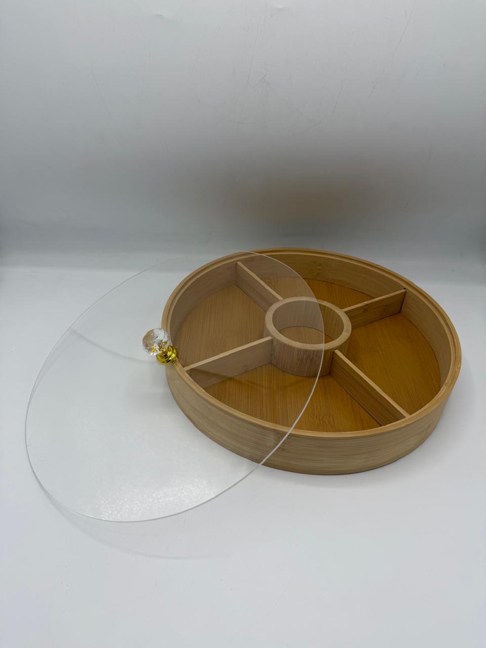 Bamboo 5-Compartment Round Candy Box with Transparent Lid (7-21)