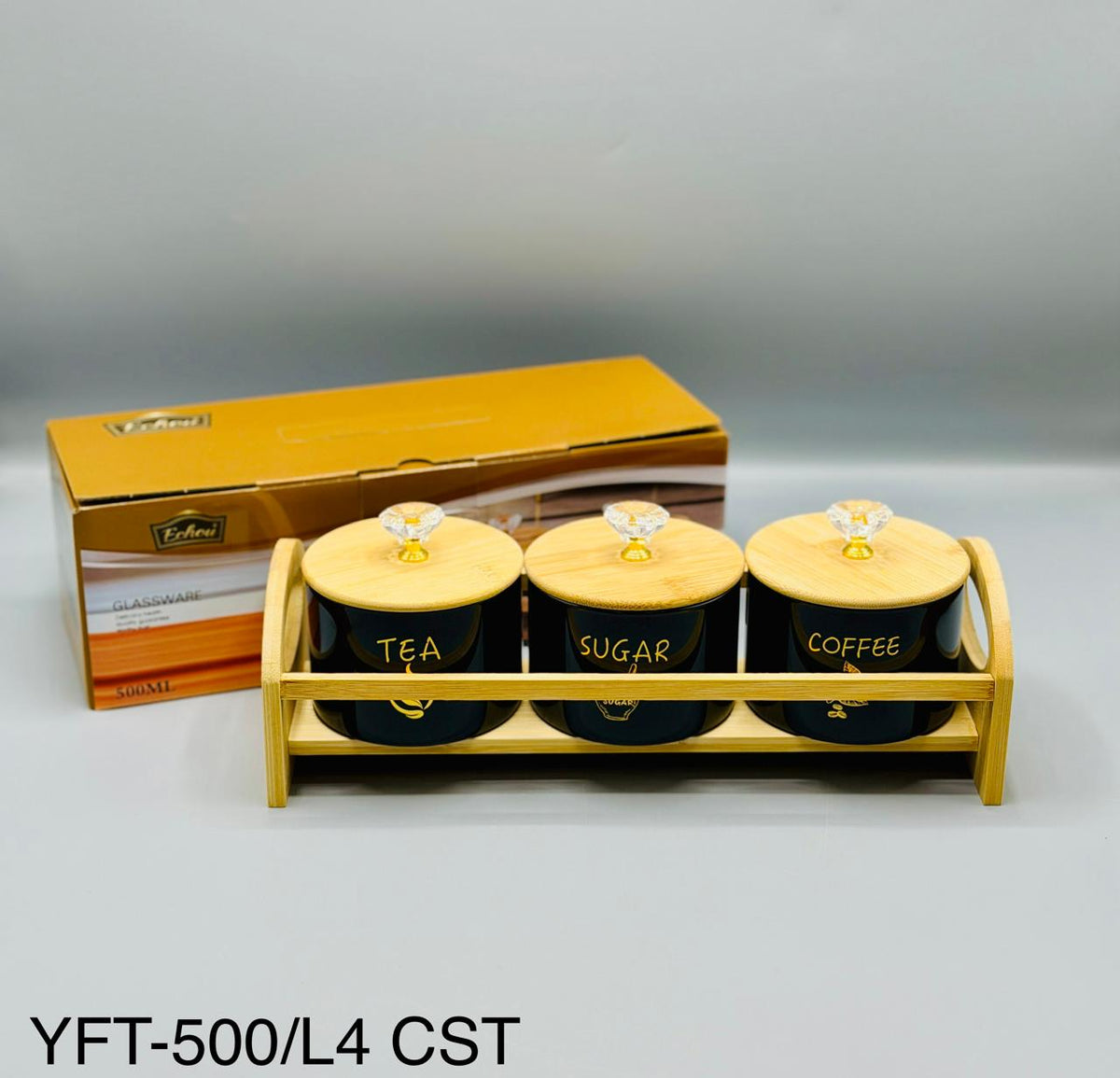 Round Glass Jar Set with Wooden Tray – 3 Pcs (500ml)