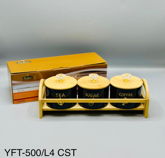 Round Glass Jar Set with Wooden Tray – 3 Pcs (500ml)
