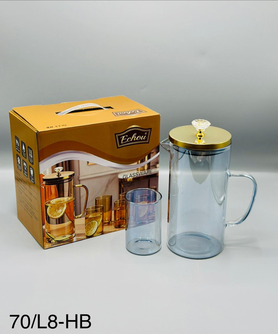 Glass Pitcher Set - 6 Glasses with Gold Lid & Bamboo Tray