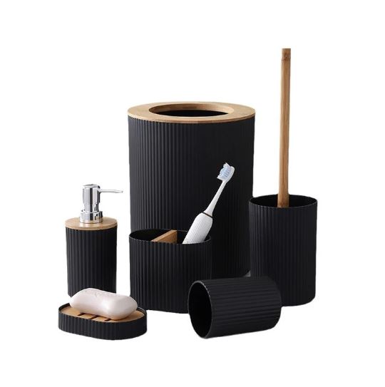 Wooden Lid Matt Black 6 pcs Bathroom Set