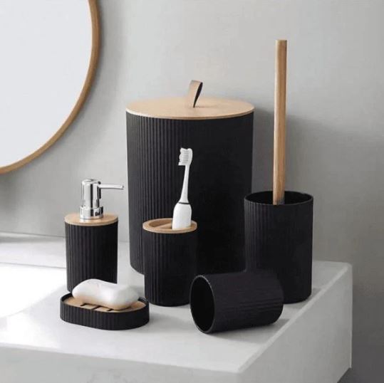 Wooden Lid Matt Black 6 pcs Bathroom Set