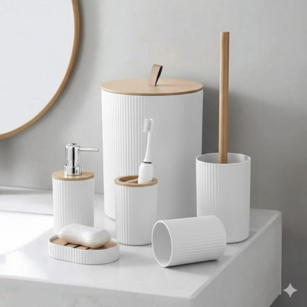 Wooden Lid Matt Black 6 pcs Bathroom Set