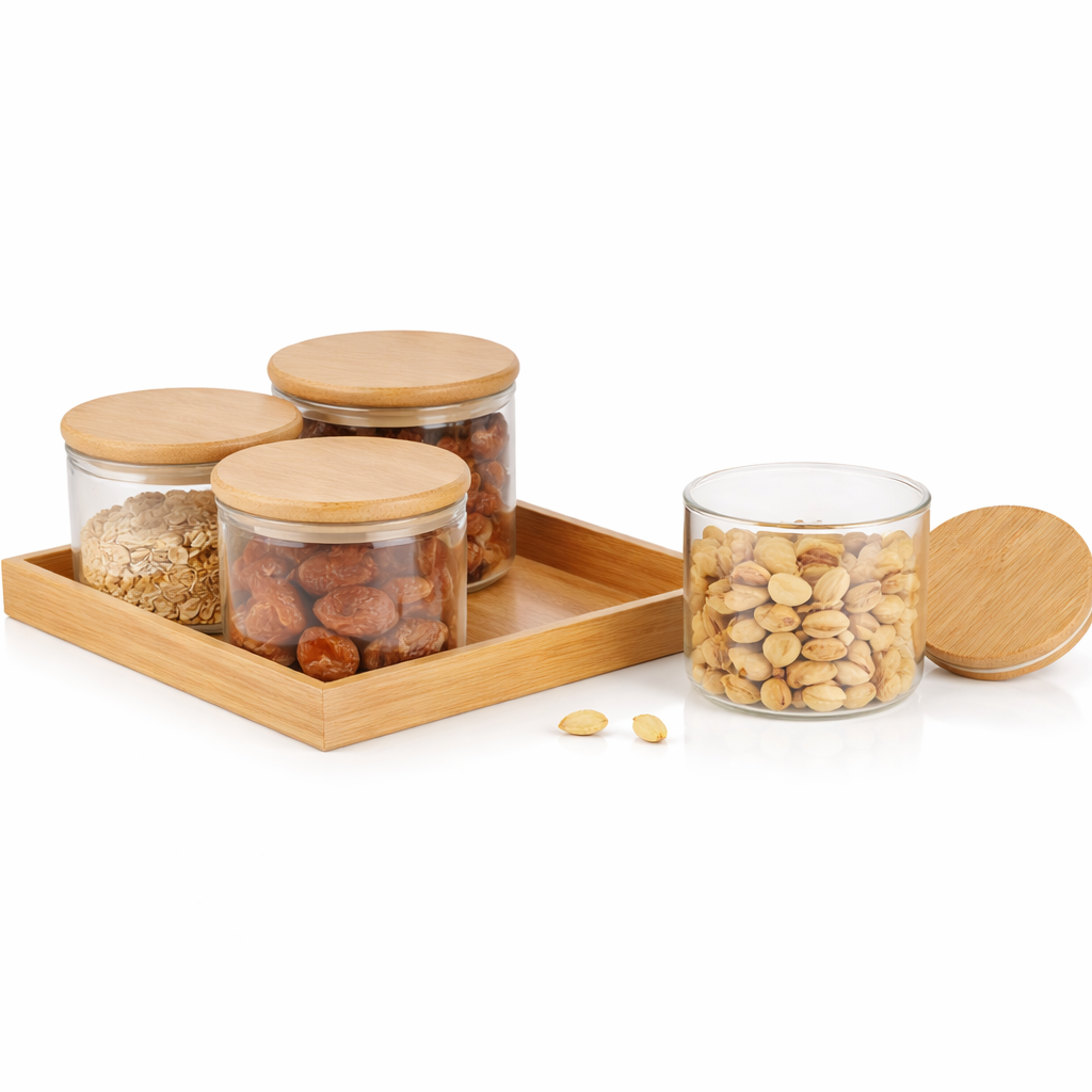 5Pcs Glass Storage Jar Set with Bamboo Lids & Tray - MYK DEALS
