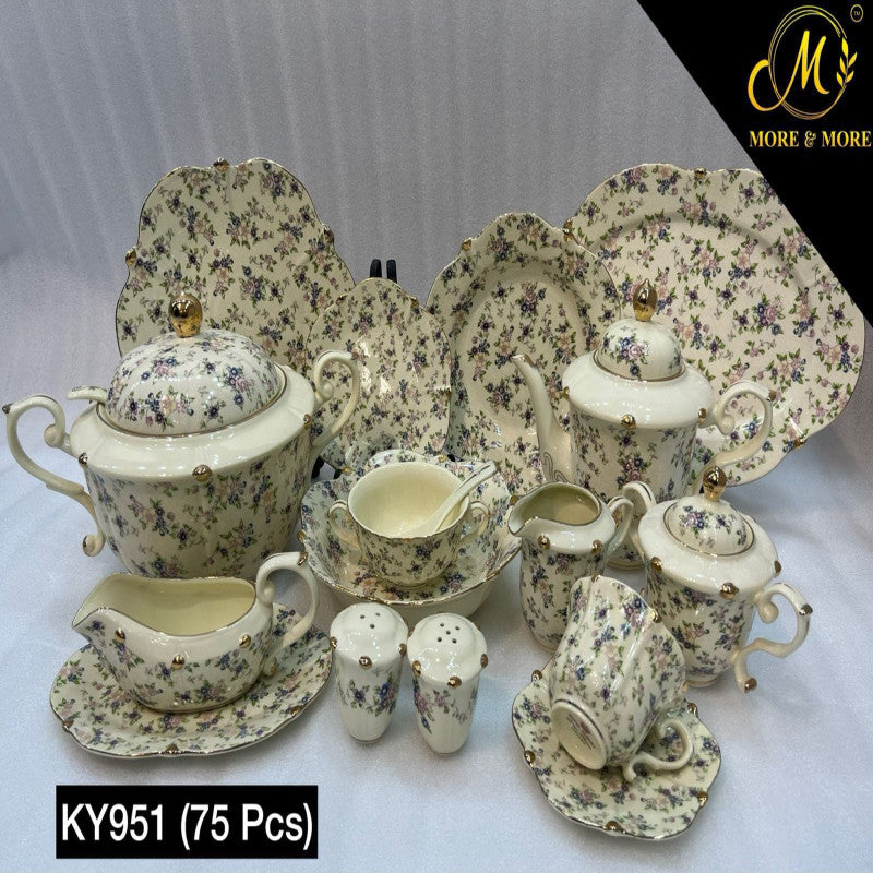 ROYAL ALBERT Dinner Set (Off-White Body) – Elegant 75 Pcs Full Crockery for 8 Persons | Premium Ceramic Tableware & Serveware Collection