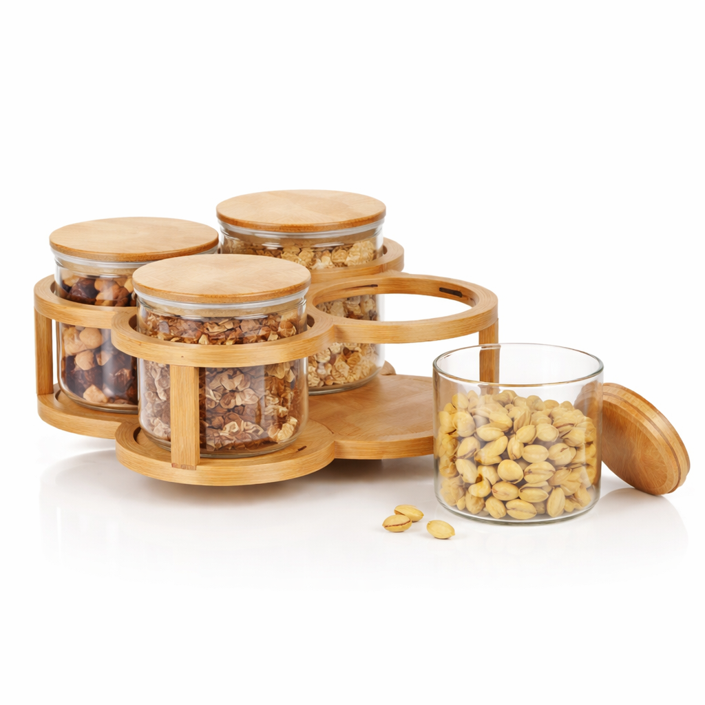 5Pcs Glass Storage Jar Set with Bamboo Lids & Stand - MYK DEALS