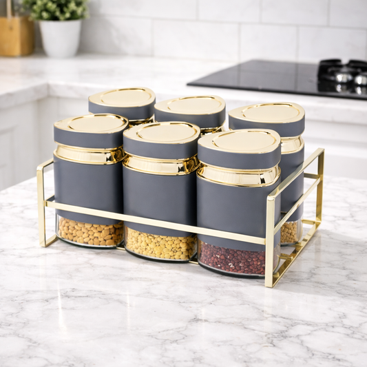 7 Pcs Premium Grey & Gold Canister Set with Rack
