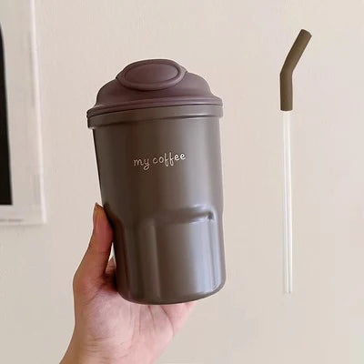 600ml Cute Korean Coffee Cup Thermos With Straw