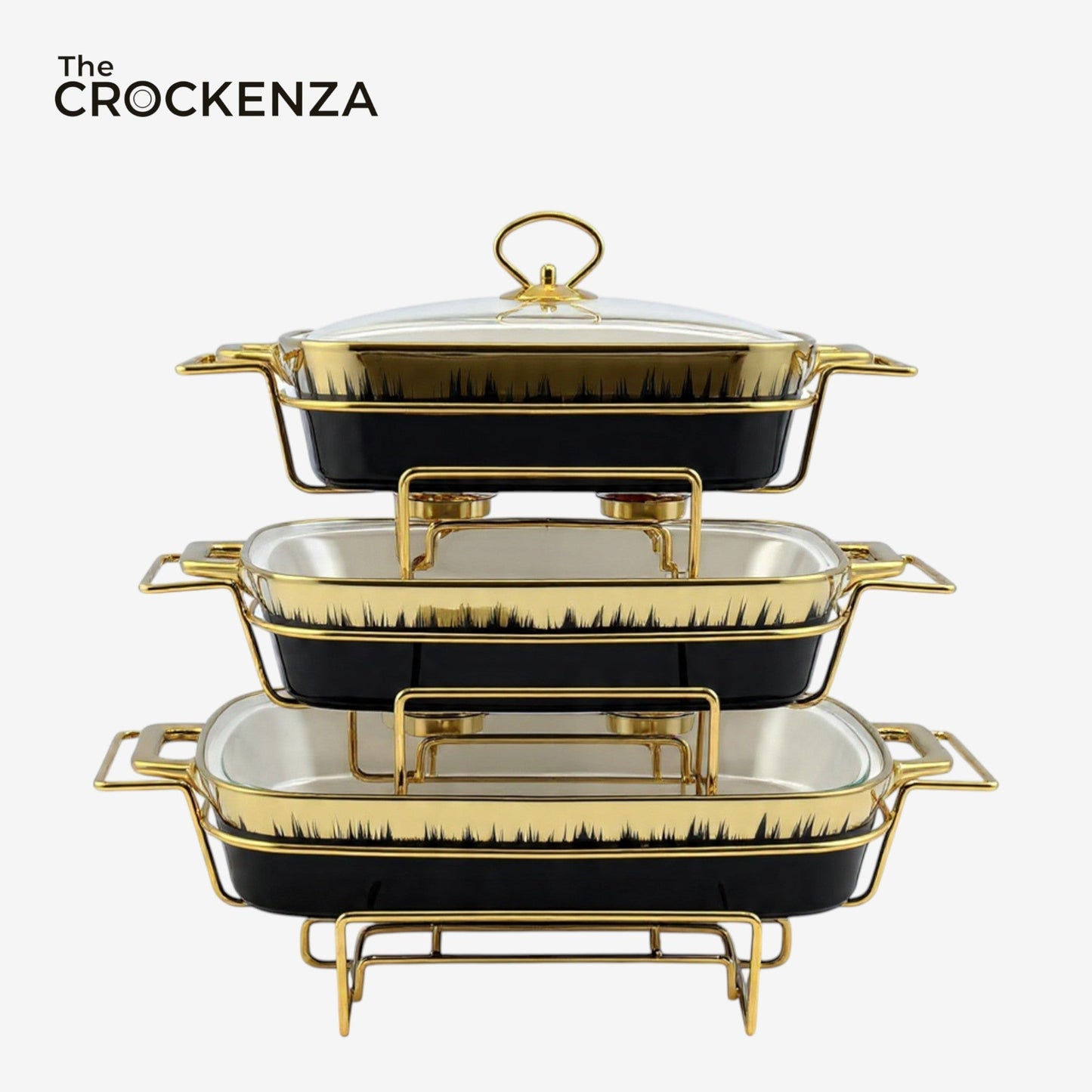 Regal Gold-Trimmed Chafing Dish – Premium Black Ceramic Buffet Warmer Set
