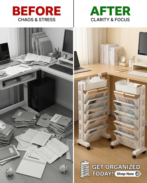 6-Layer Movable Bookshelf with Wheels – Plastic Storage Organizer Cart