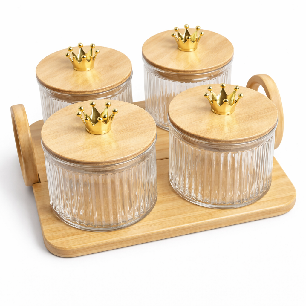 5Pcs Glass Storage Jar Set with Crown Knobs & Bamboo Tray - MYK DEALS