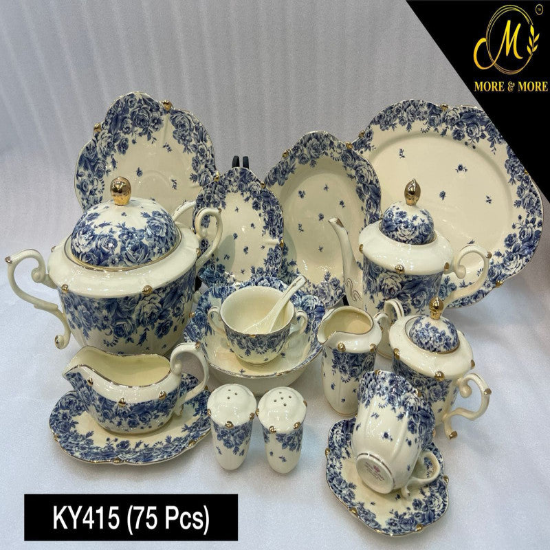ROYAL ALBERT Dinner Set (Off-White Body) – Elegant 75 Pcs Full Crockery for 8 Persons | Premium Ceramic Tableware & Serveware Collection