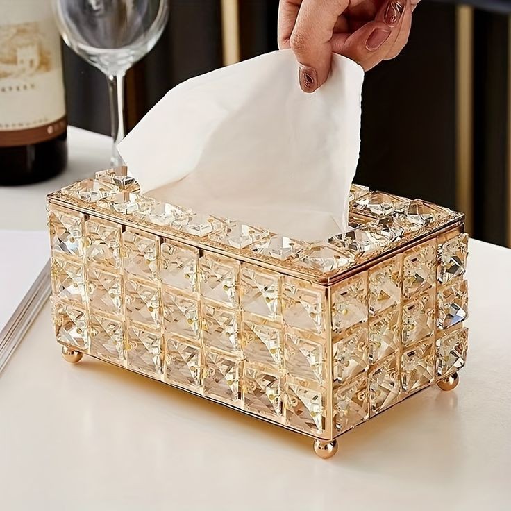 Luxury Crystal Tissue Box Cover with Gold Metal Frame | Handcrafted Octagonal Crystal Décor Holder for Vanity, Bathroom, Office & Living Room