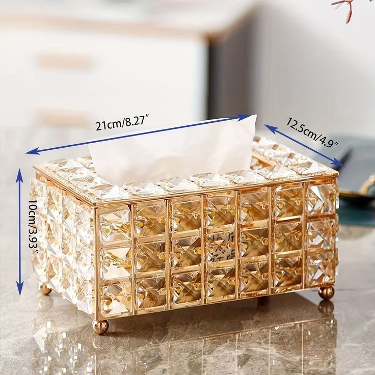 Luxury Crystal Tissue Box Cover with Gold Metal Frame | Handcrafted Octagonal Crystal Décor Holder for Vanity, Bathroom, Office & Living Room