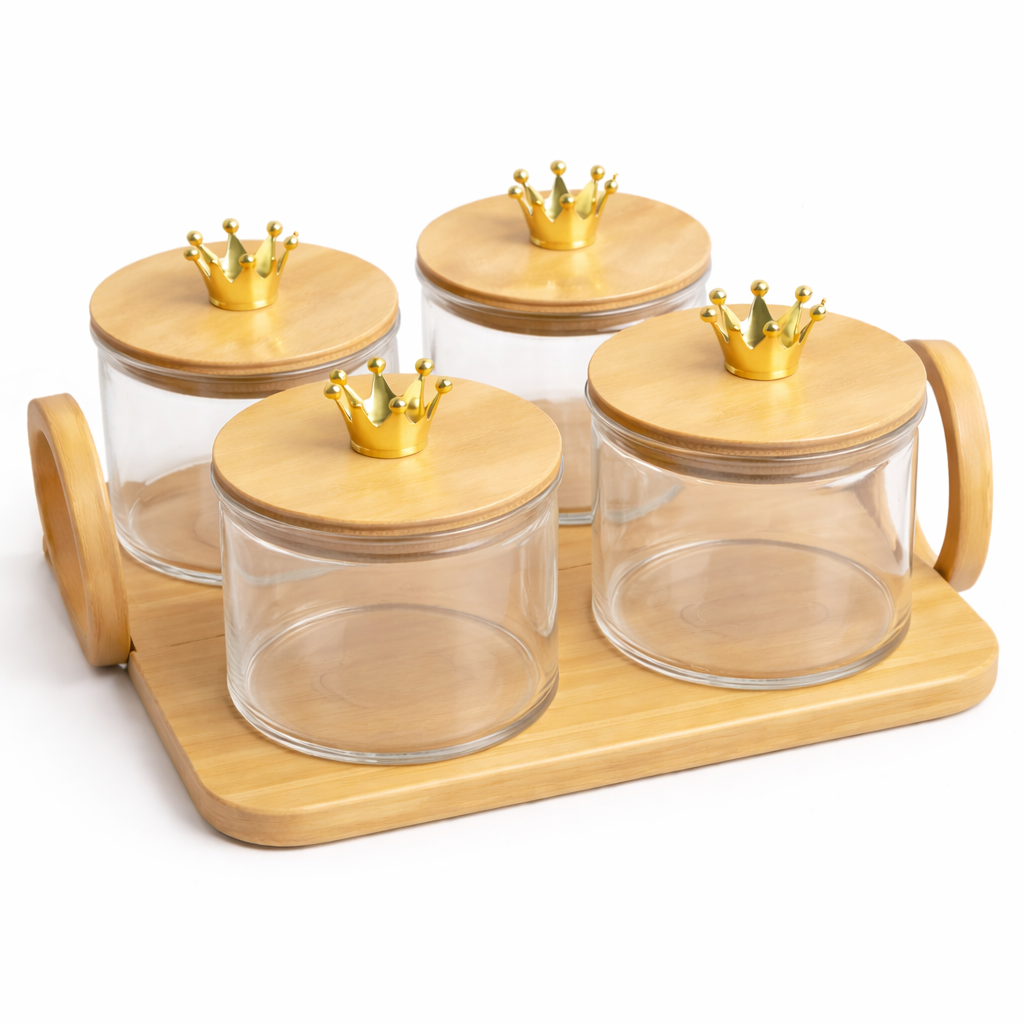 5Pcs Glass Storage Jar Set with Crown Knobs & Bamboo Tray - MYK DEALS