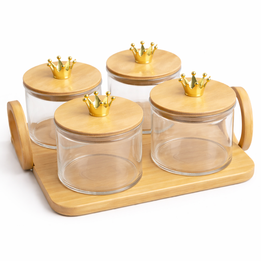 5Pcs Glass Storage Jar Set with Crown Knobs & Bamboo Tray - MYK DEALS