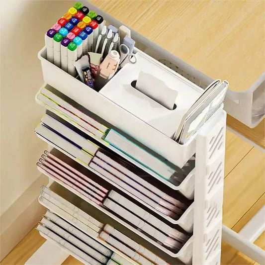 6-Layer Movable Bookshelf with Wheels – Plastic Storage Organizer Cart