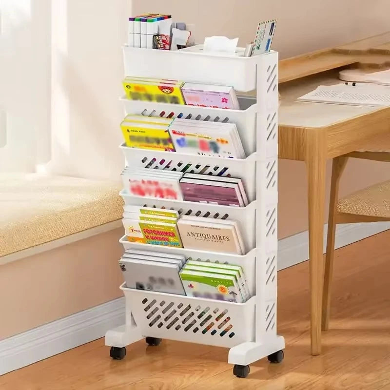 6-Layer Movable Bookshelf with Wheels – Plastic Storage Organizer Cart