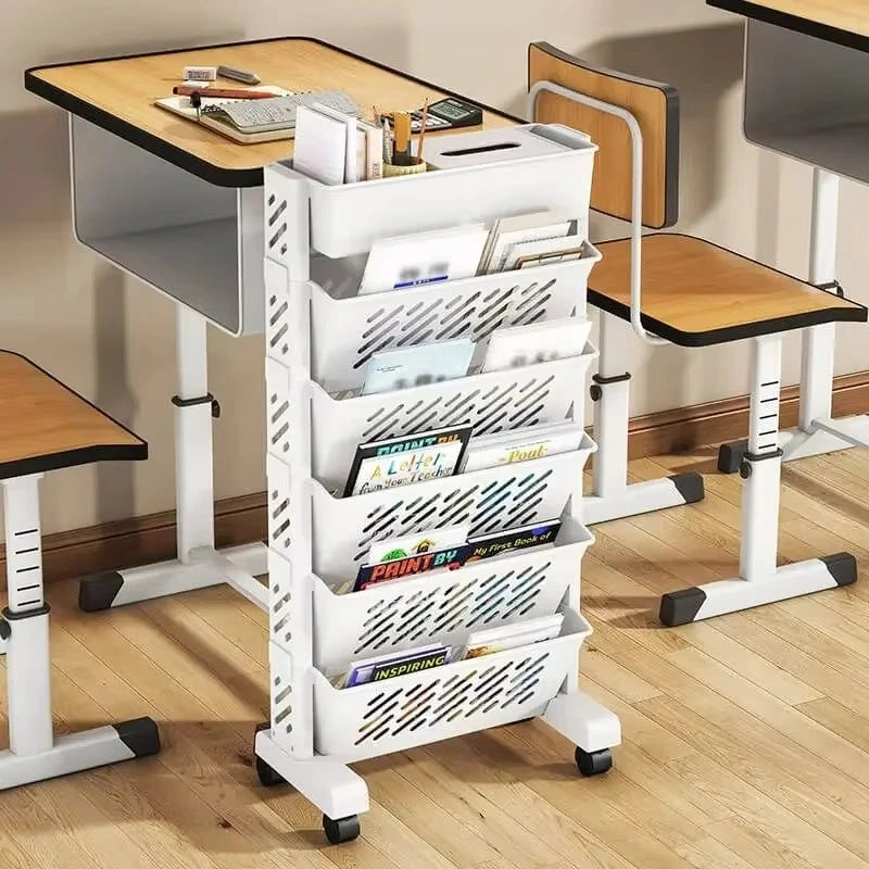 6-Layer Movable Bookshelf with Wheels – Plastic Storage Organizer Cart
