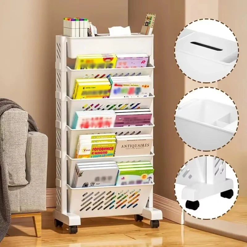 6-Layer Movable Bookshelf with Wheels – Plastic Storage Organizer Cart