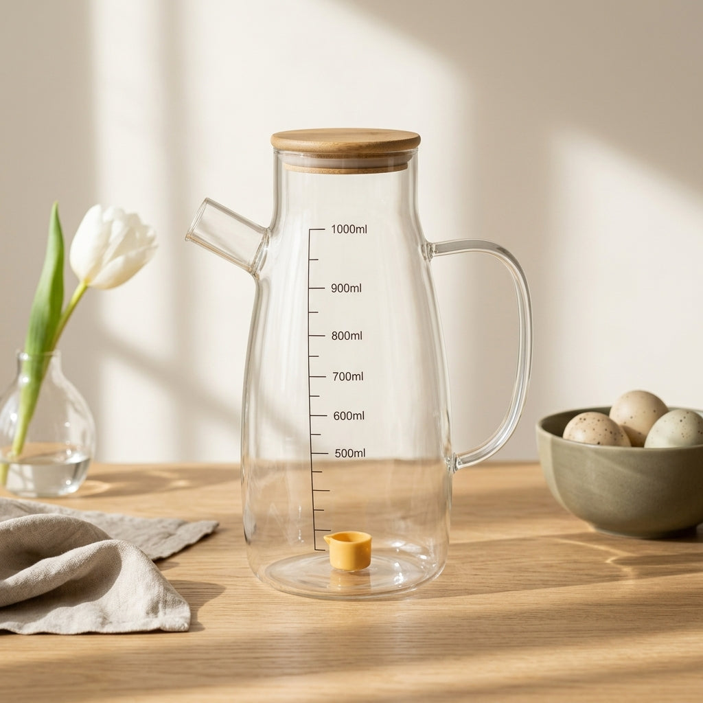 Glass Oil Dispenser Pitcher  – 1000ml with Bamboo Lid(GPY-02)