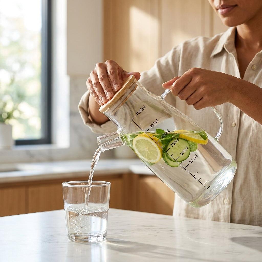 Glass Oil Dispenser Pitcher  – 1000ml with Bamboo Lid(GPY-02)