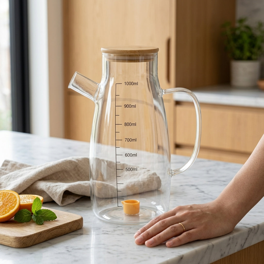 Glass Oil Dispenser Pitcher  – 1000ml with Bamboo Lid(GPY-02)