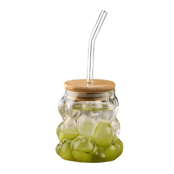 Bubble Glass Cup with Bamboo Lid & Straw