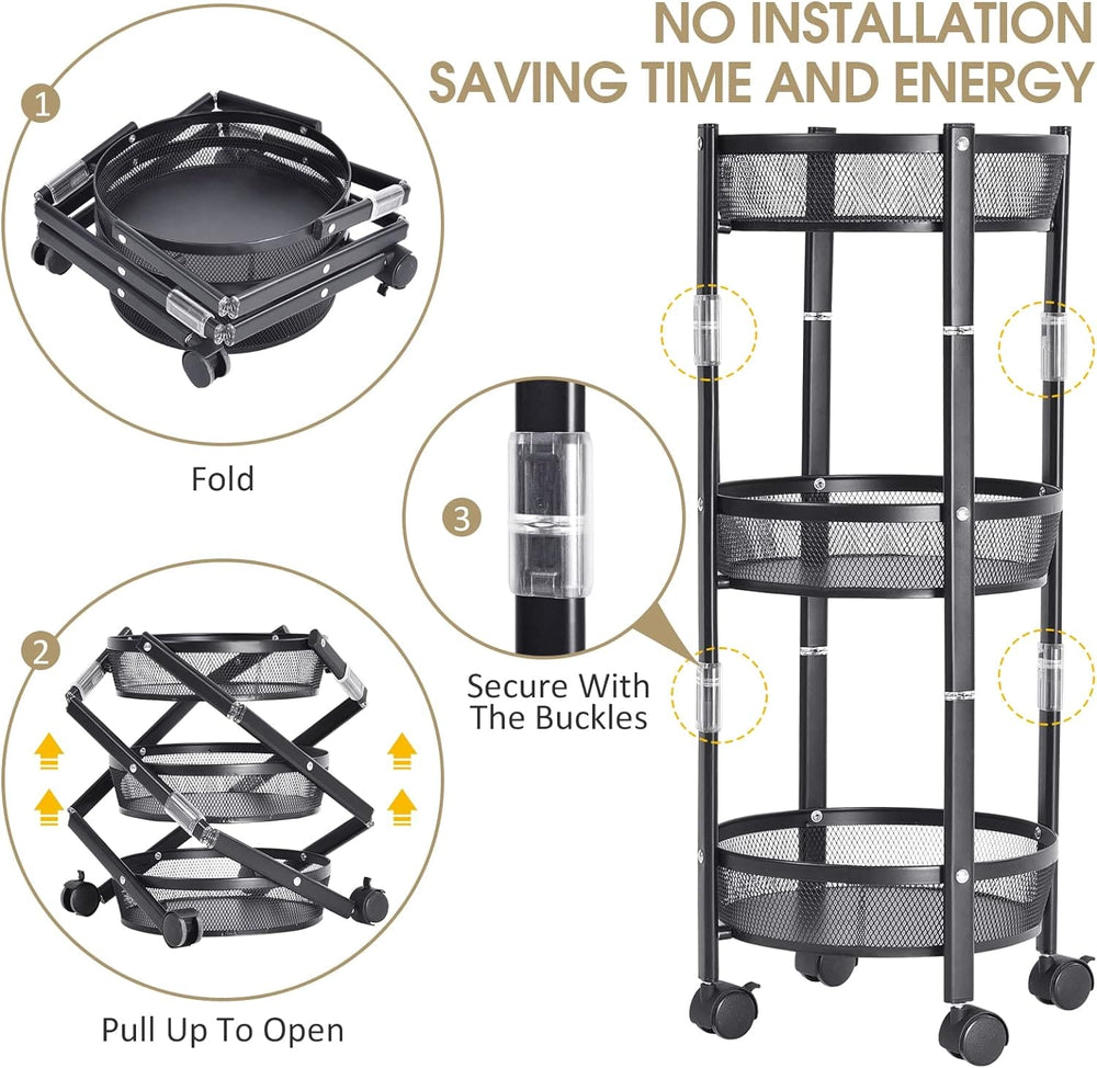 3 Layer Folding Storage Cart Trolley With Wheels