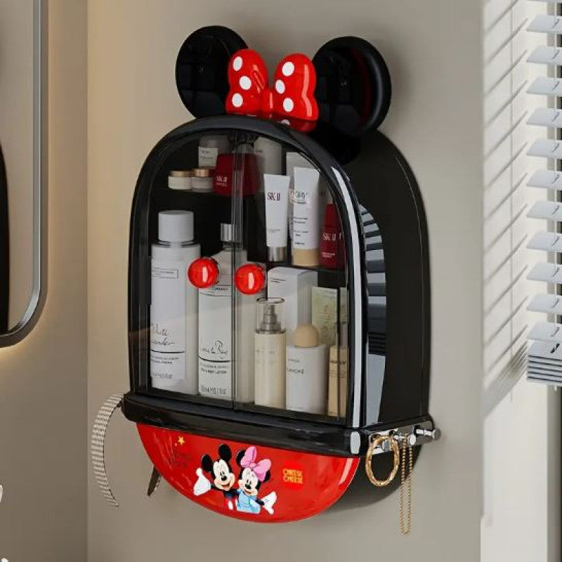 Mickey & Minnie Mouse No-Drill Wall-Mounted Multi-Compartment Transparent Makeup Storage Box with Mickey Mouse Design
